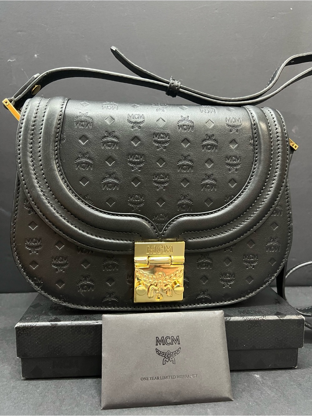 MCM Black Leather Crossbody with Gold Push-Lock